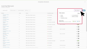 Educator account in Xello. The Completion Standards report for the Learning Styles quiz is open. The cursor is clicking on the Data options menu. There are options to add or remove table columns or export to an Excel or CSV file